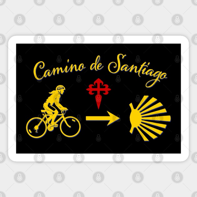 Camino de Santiago Typography Woman Riding a Bicycle Yellow Arrow Scallop Shell Red Cross Magnet by Brasilia Catholic